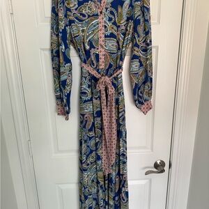 Boden Long Sleeve Paisley Dress in Blue and Pink